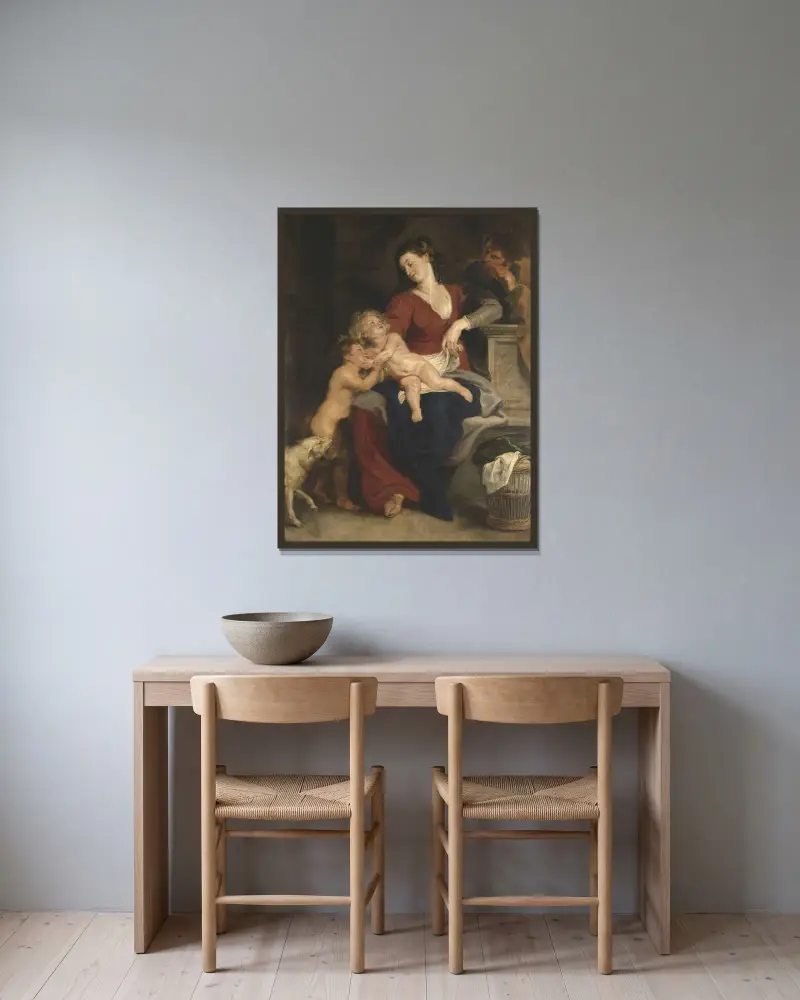 The Holy Family with the Basket av Peter Paul Rubens inramad på en vägg