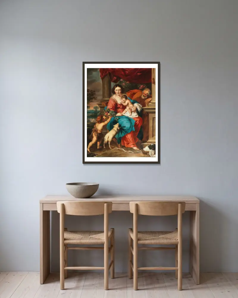 Den heliga familjen med Johannes Döparen som barn av Follower of Peter Paul Rubens inramad på en vägg