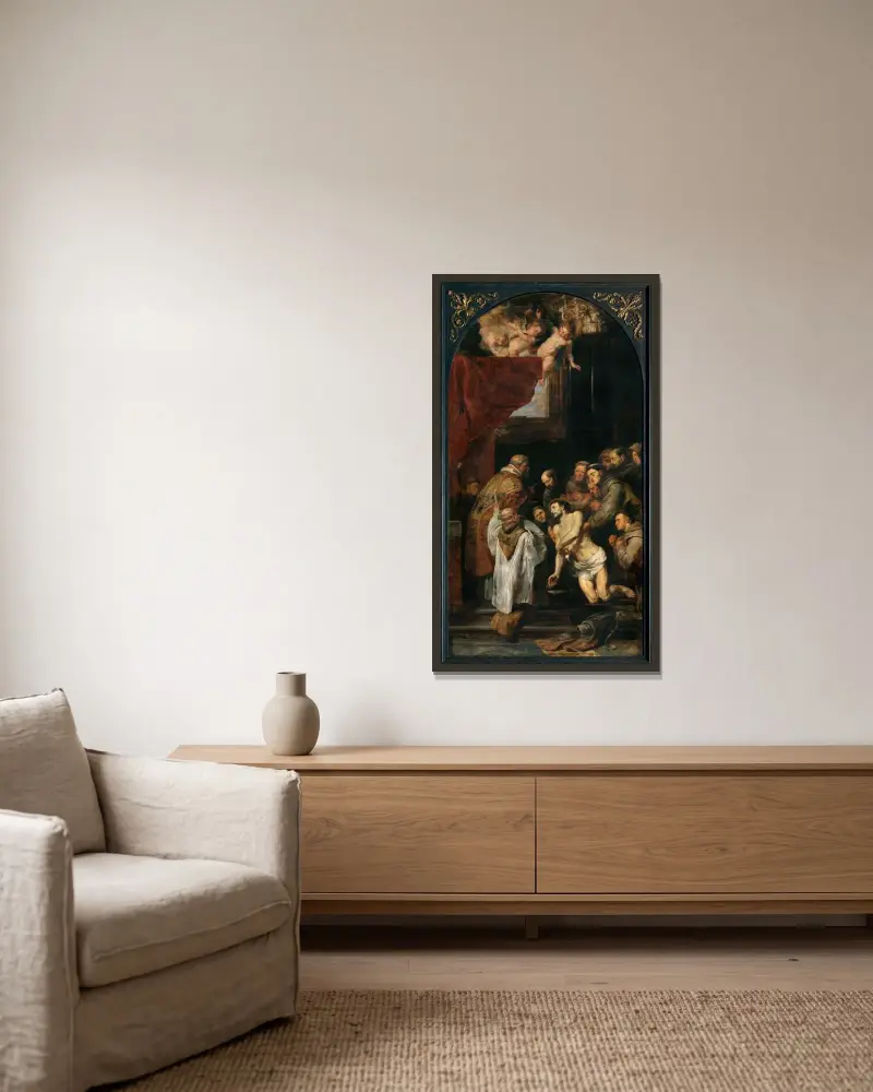 Den helige Franciskus av Assisis sista kommunion av Peter Paul Rubens inramad på en vägg