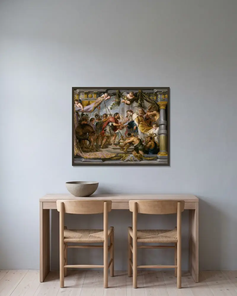 Die Begegnung Abrahams mit Melchisedek von Peter Paul Rubens gerahmt an einer Wand