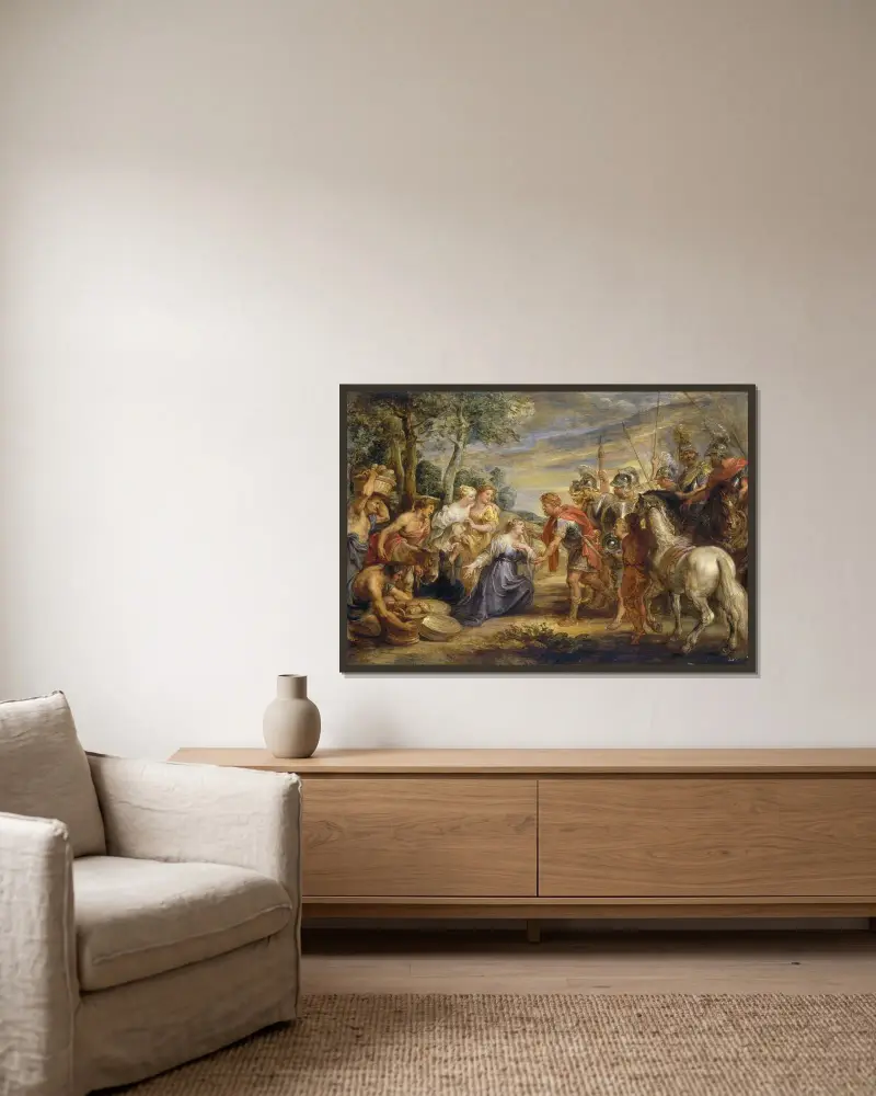 Die Begegnung von David und Abigail, 1630 von Peter Paul Rubens gerahmt an einer Wand