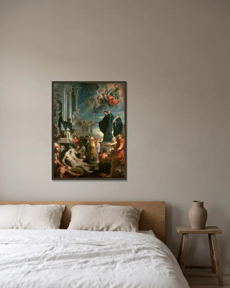 The miracles of St. Francis Xavier av Peter Paul Rubens inramad på en vägg