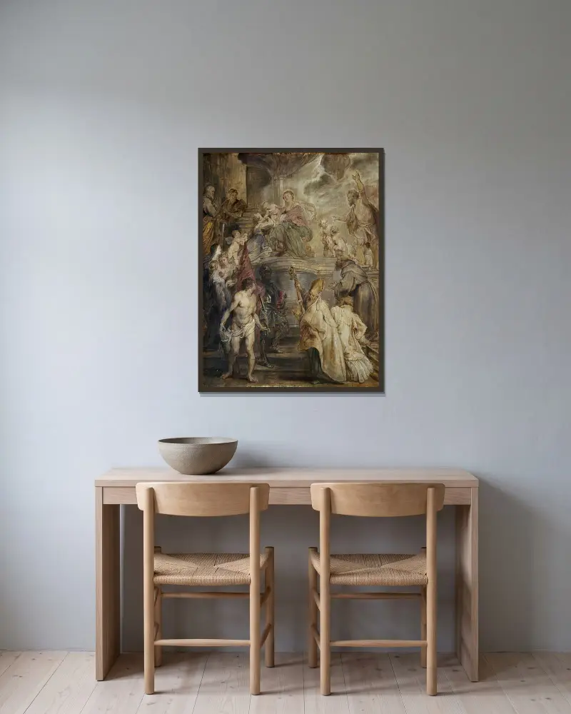 Die mystische Vermählung der heiligen Katharina (Farbskizze für den Altar der Kirche der Augustiner in Antwerpen) von Peter Paul Rubens gerahmt an einer Wand
