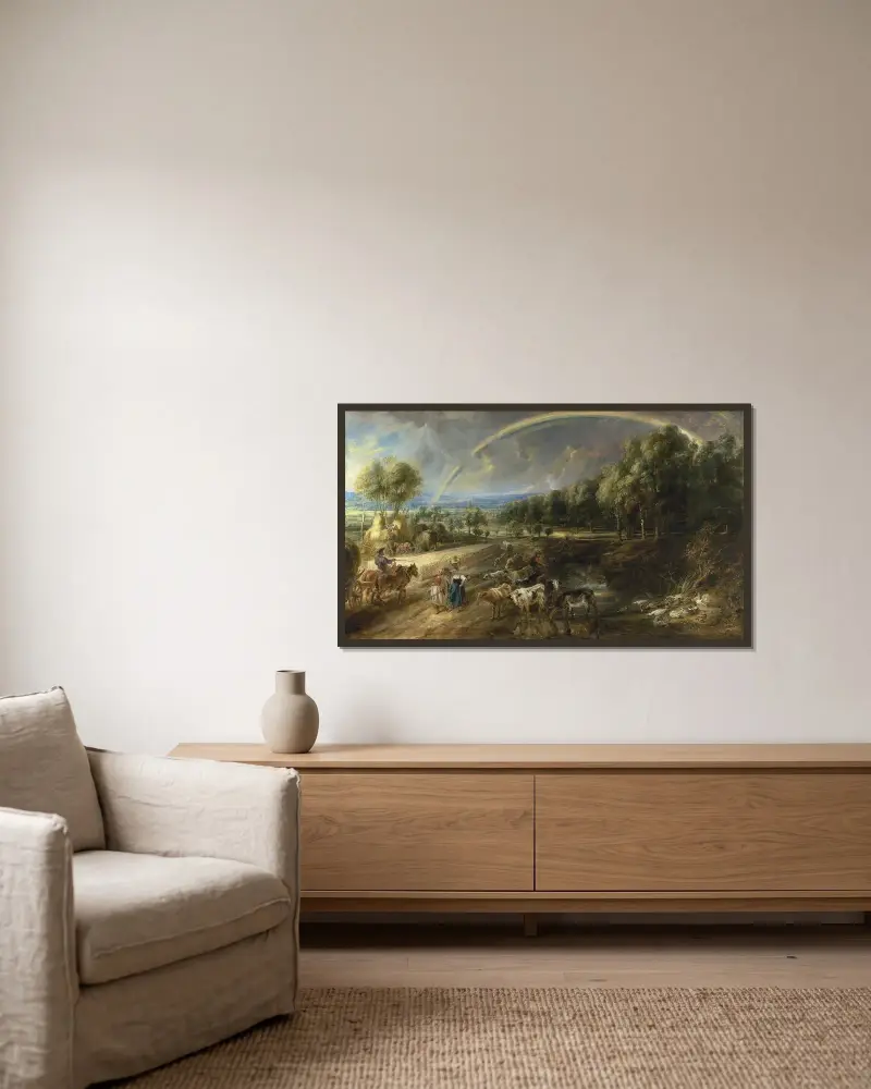 The Rainbow Landscape av Peter Paul Rubens inramad på en vägg