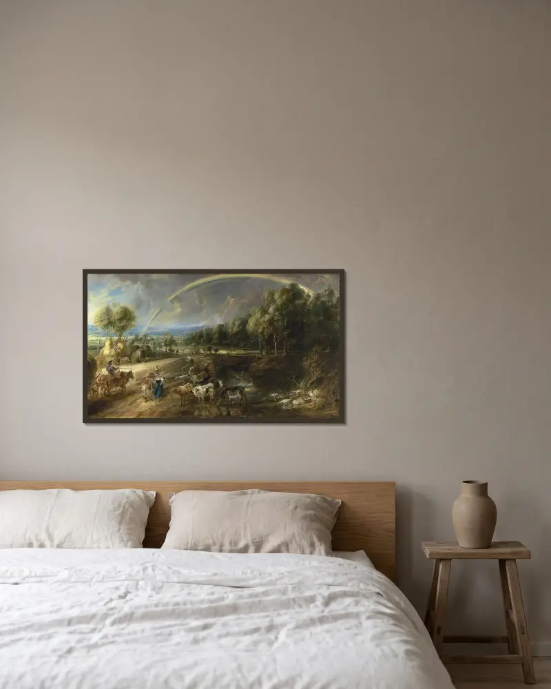 The Rainbow Landscape av Peter Paul Rubens inramad på en vägg