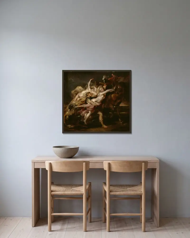 Der Raub der Töchter des Leukippos von Peter Paul Rubens gerahmt an einer Wand