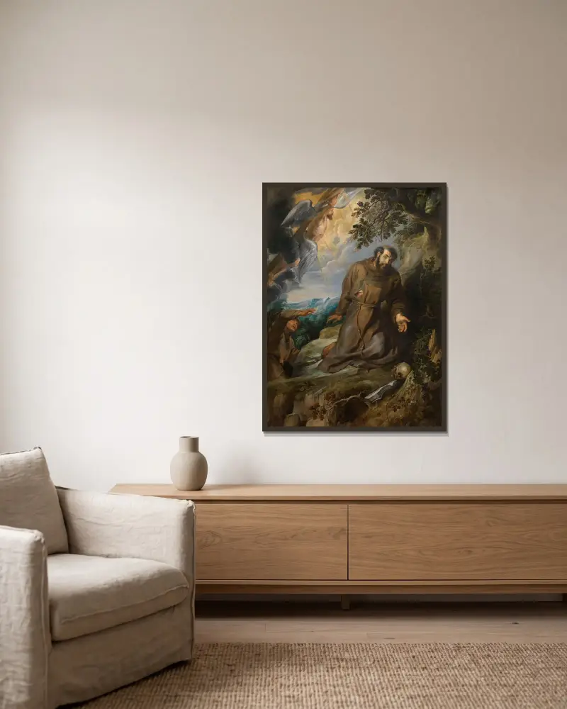 The stigmatisation of Saint Francis of Assisi av Peter Paul Rubens inramad på en vägg