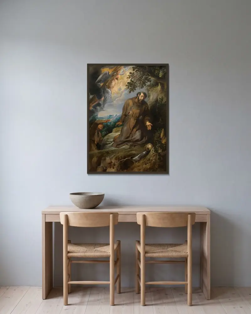 The stigmatisation of Saint Francis of Assisi av Peter Paul Rubens inramad på en vägg