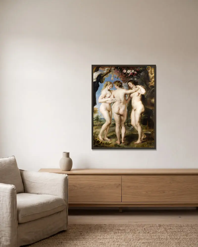 Die drei Grazien von Peter Paul Rubens gerahmt an einer Wand