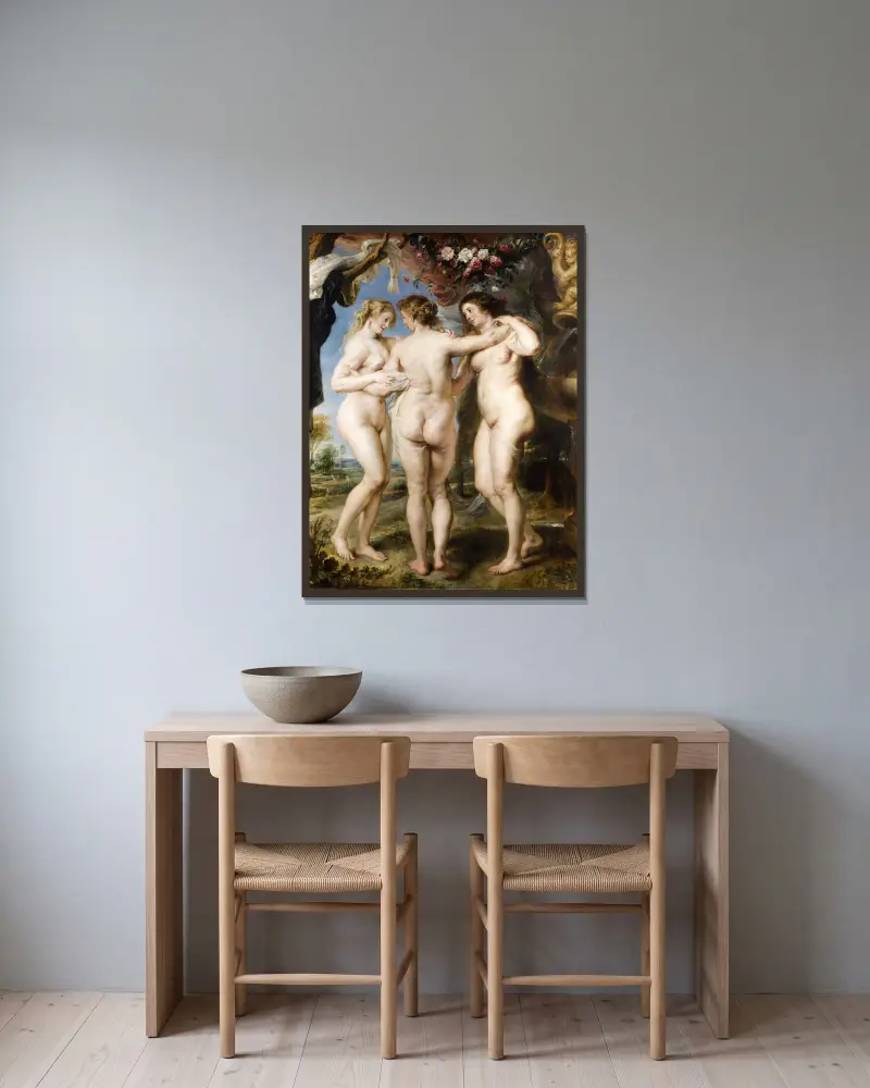 Die drei Grazien von Peter Paul Rubens gerahmt an einer Wand