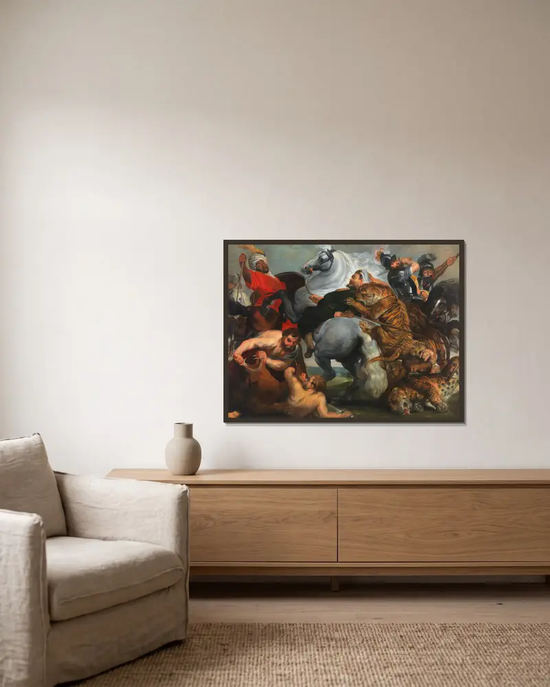 Die Tiger-, Löwen- und Leopardenjagd von Follower of Peter Paul Rubens gerahmt an einer Wand
