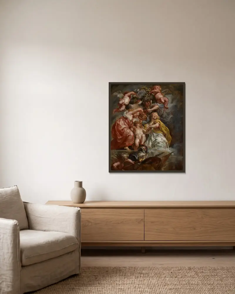 Englands och Skottlands förening (Karl I som prins av Wales) av Peter Paul Rubens inramad på en vägg