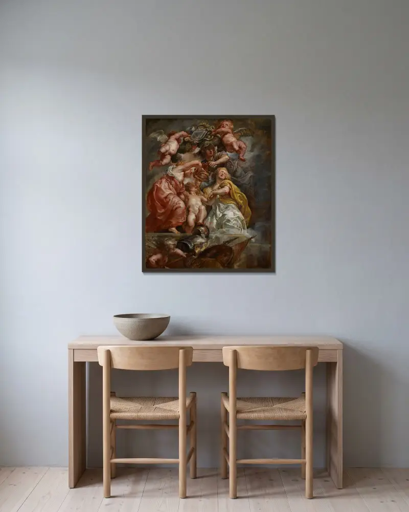 Englands och Skottlands förening (Karl I som prins av Wales) av Peter Paul Rubens inramad på en vägg