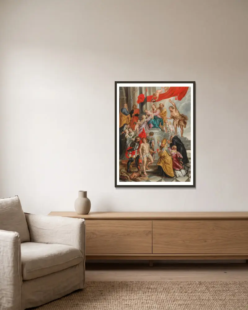 Jungfrun och barnet tillbedda av helgon av Follower of Peter Paul Rubens inramad på en vägg