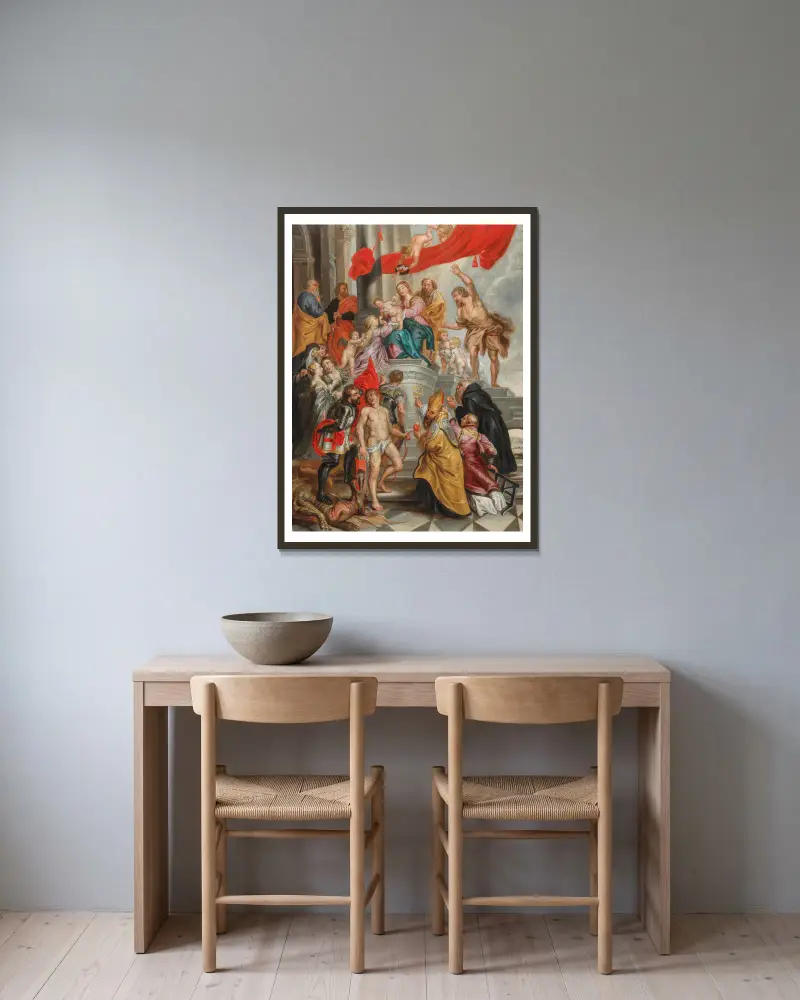 Jungfrun och barnet tillbedda av helgon av Follower of Peter Paul Rubens inramad på en vägg