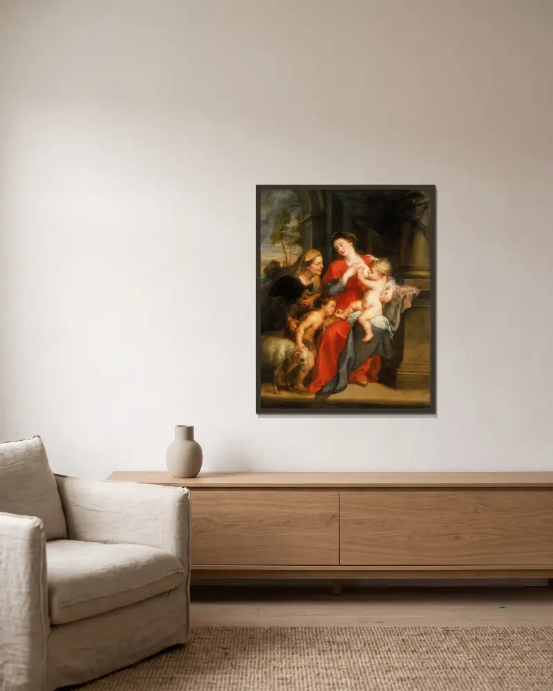 Jungfrun och barnet med de heliga Elisabet och Johannes Döparen av Peter Paul Rubens inramad på en vägg