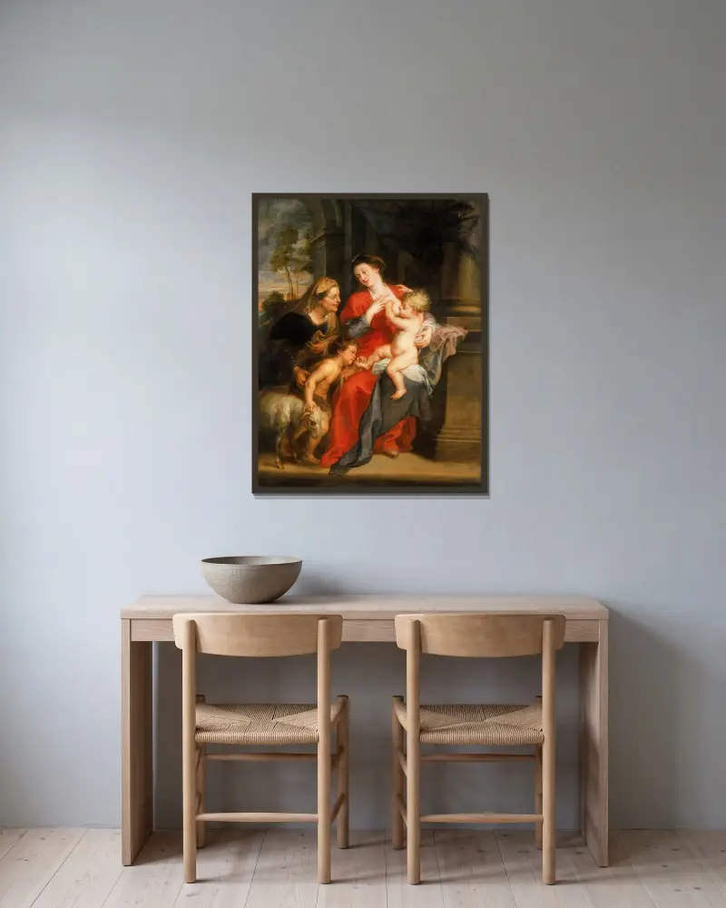 Jungfrun och barnet med de heliga Elisabet och Johannes Döparen av Peter Paul Rubens inramad på en vägg
