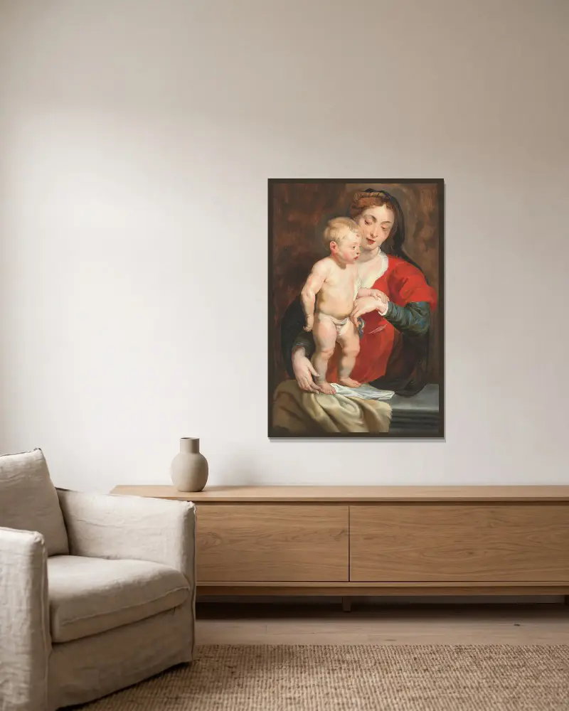 Jungfrun som stöder Kristusbarnet på en balustrad av Follower of Peter Paul Rubens inramad på en vägg