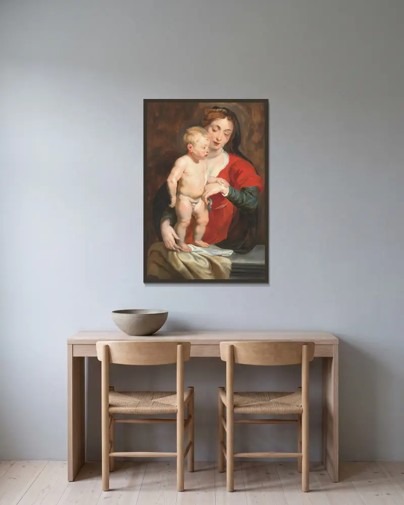 Jungfrun som stöder Kristusbarnet på en balustrad av Follower of Peter Paul Rubens inramad på en vägg