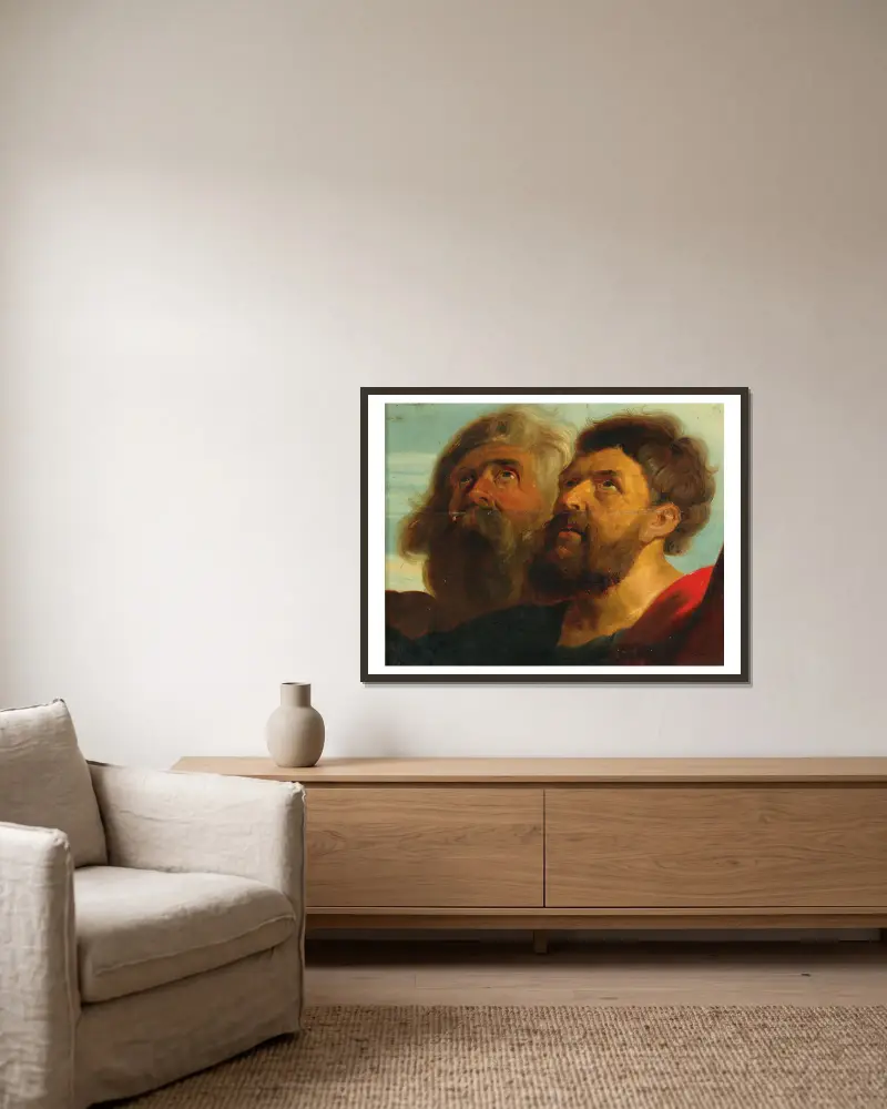 Zwei Männerköpfe von Follower of Peter Paul Rubens gerahmt an einer Wand