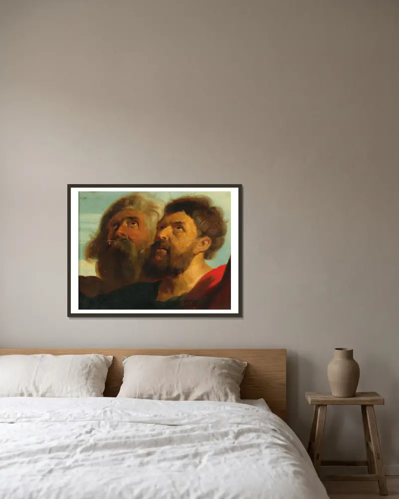 Zwei Männerköpfe von Follower of Peter Paul Rubens gerahmt an einer Wand
