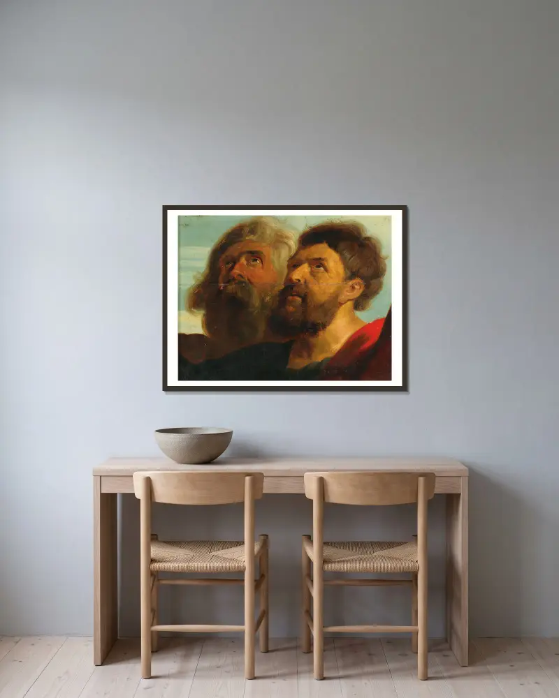 Zwei Männerköpfe von Follower of Peter Paul Rubens gerahmt an einer Wand
