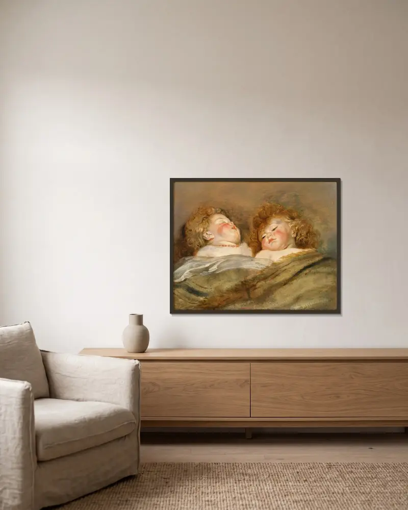 Zwei schlafende Kinder von Peter Paul Rubens gerahmt an einer Wand