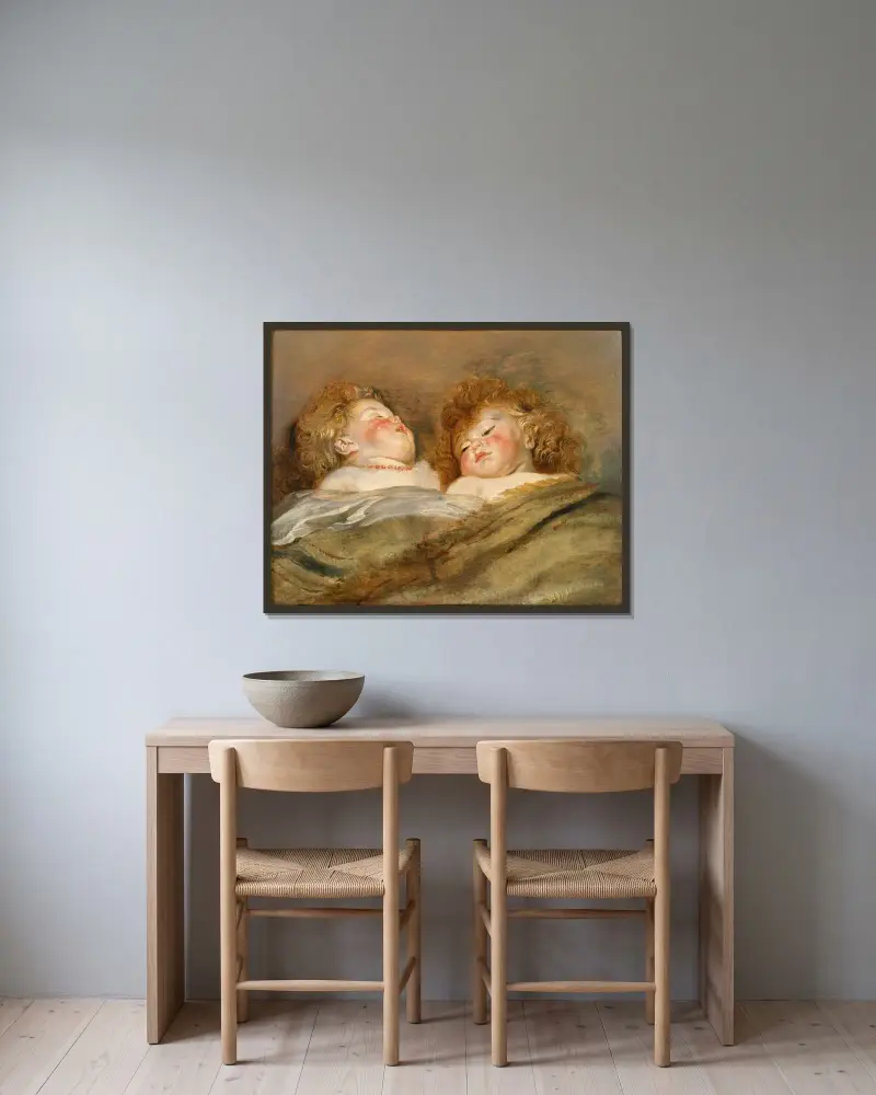 Zwei schlafende Kinder von Peter Paul Rubens gerahmt an einer Wand
