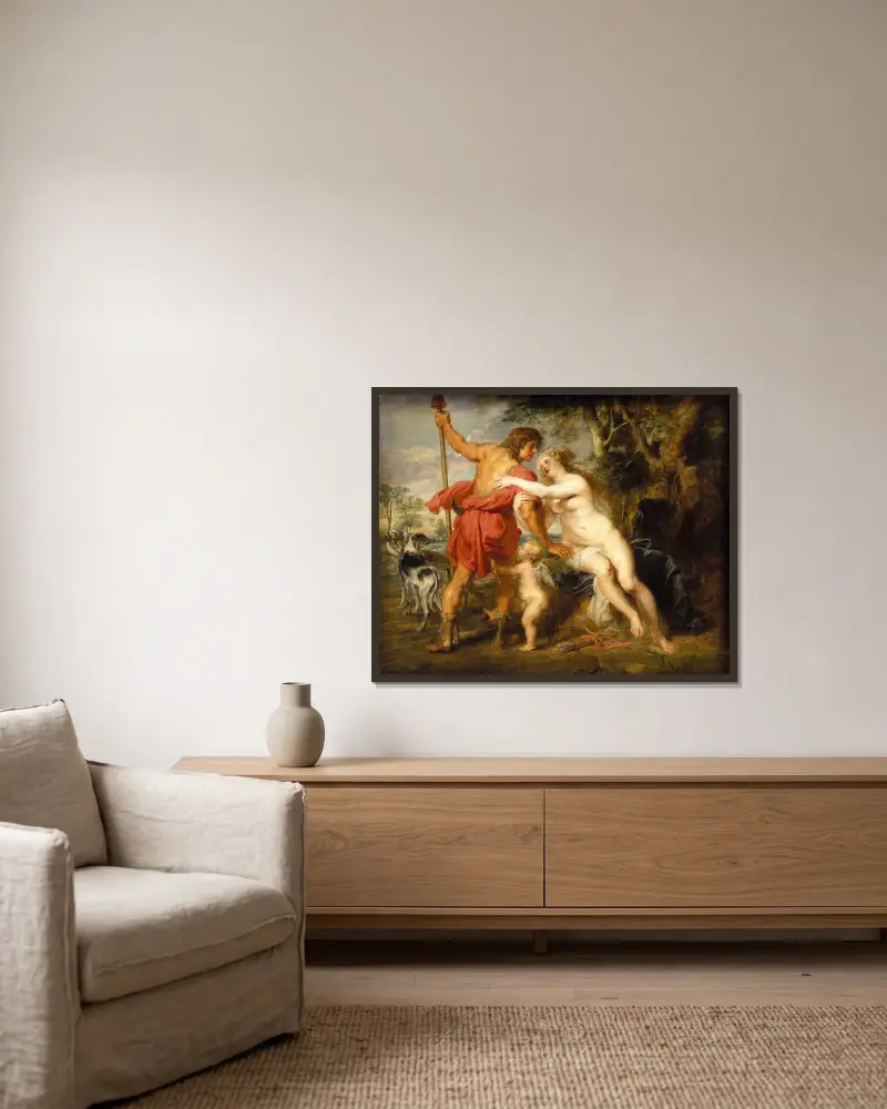 Venus und Adonis, Nr. 1 von Peter Paul Rubens gerahmt an einer Wand