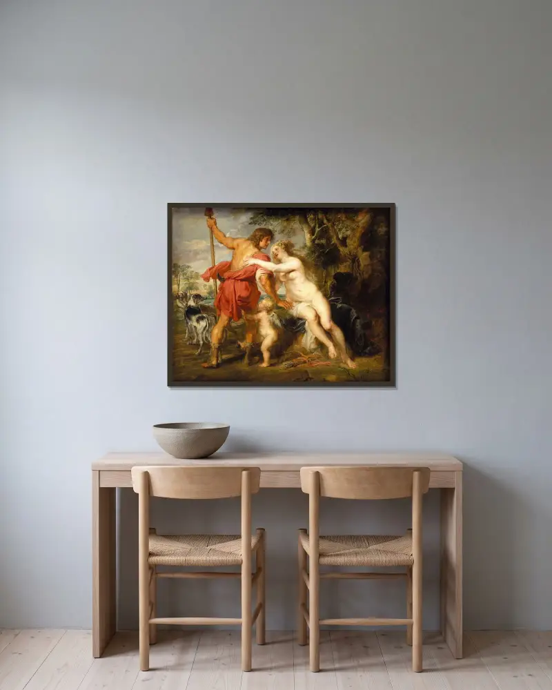Venus und Adonis, Nr. 1 von Peter Paul Rubens gerahmt an einer Wand