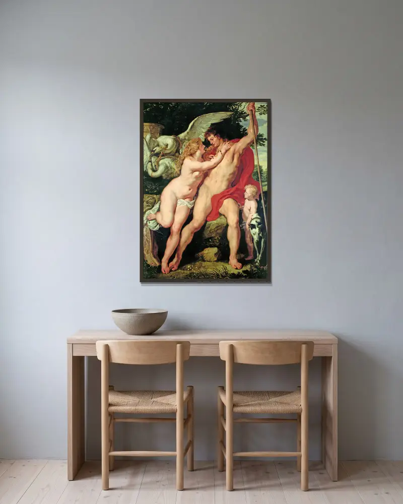 Venus and Adonis, 1610 av Peter Paul Rubens inramad på en vägg