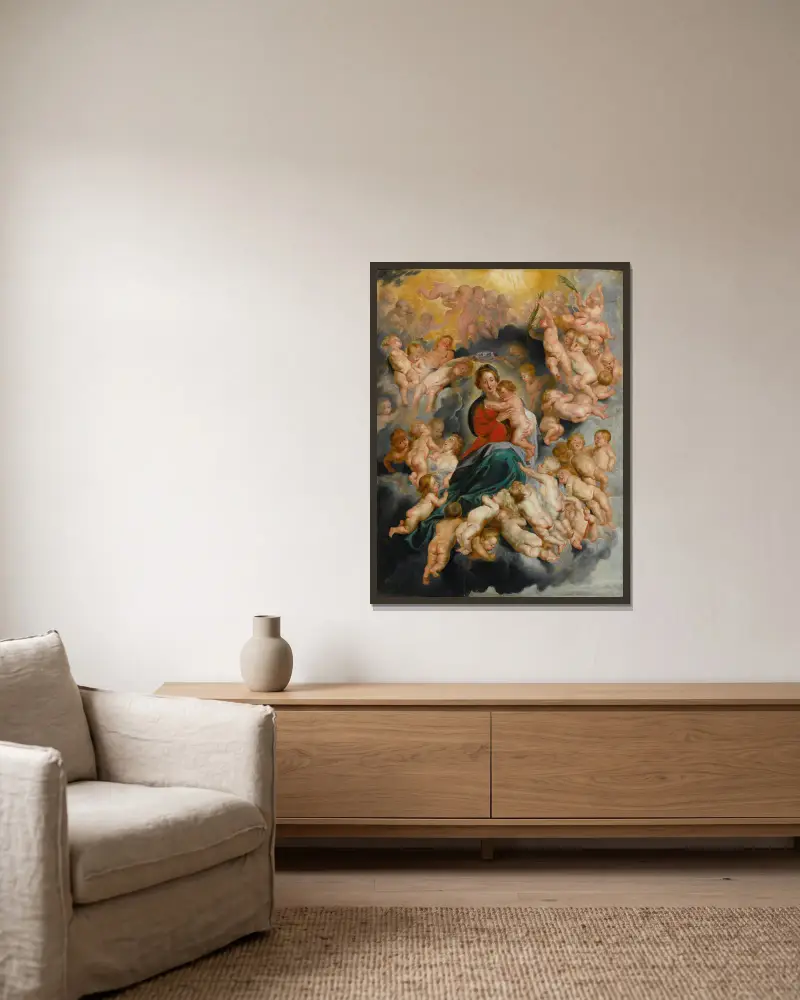 Jungfrau mit Kind und Putten von Follower of Peter Paul Rubens gerahmt an einer Wand
