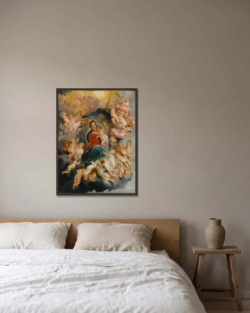 Jungfrau mit Kind und Putten von Follower of Peter Paul Rubens gerahmt an einer Wand