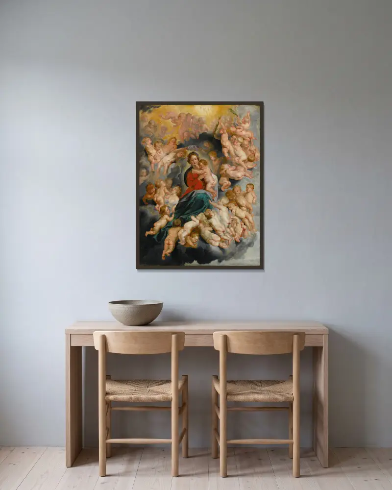 Jungfrau mit Kind und Putten von Follower of Peter Paul Rubens gerahmt an einer Wand