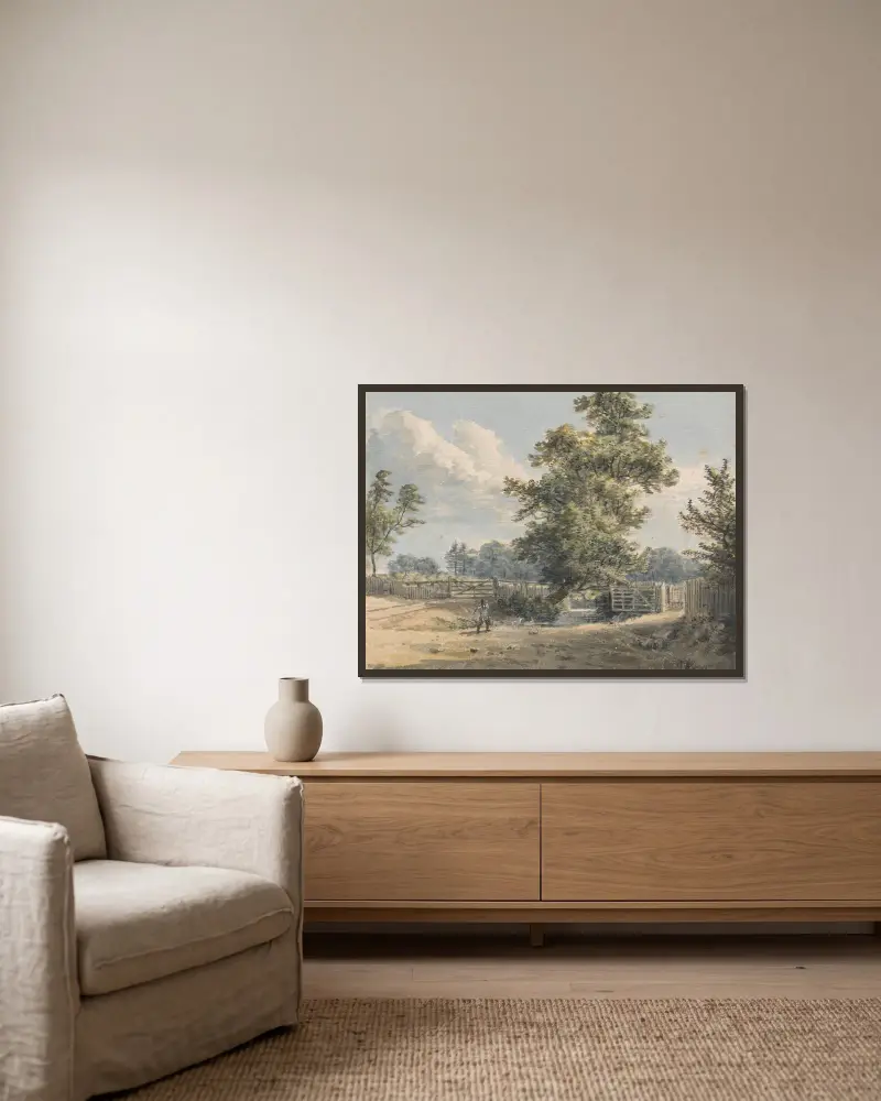 Brook End, Essex av Paul Sandby inramad på en vägg
