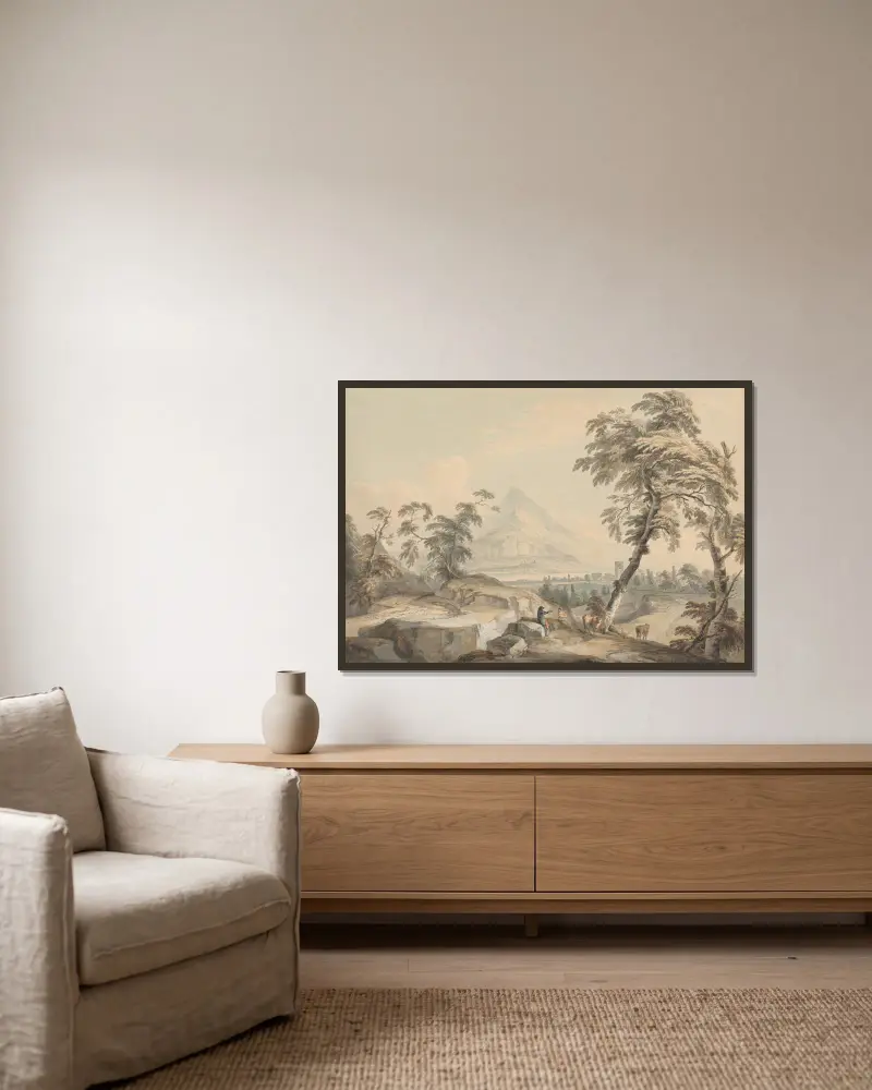 Italienskt landskap med resande, nr 1 av Paul Sandby inramad på en vägg