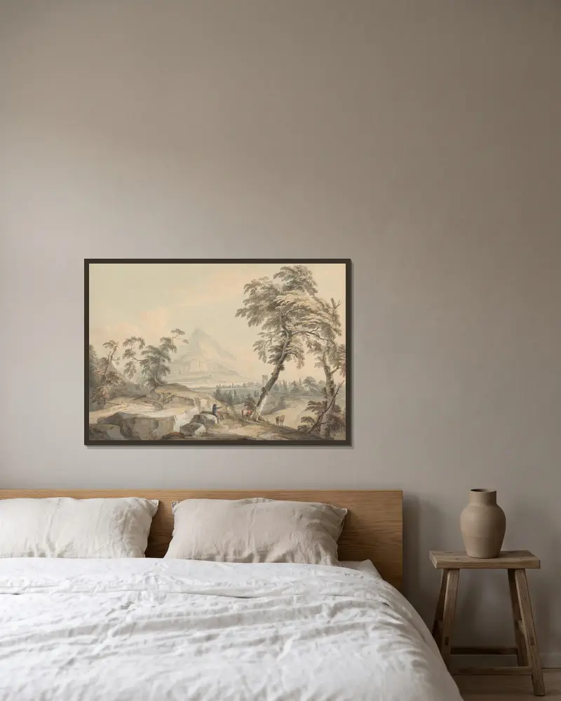 Italienskt landskap med resande, nr 1 av Paul Sandby inramad på en vägg