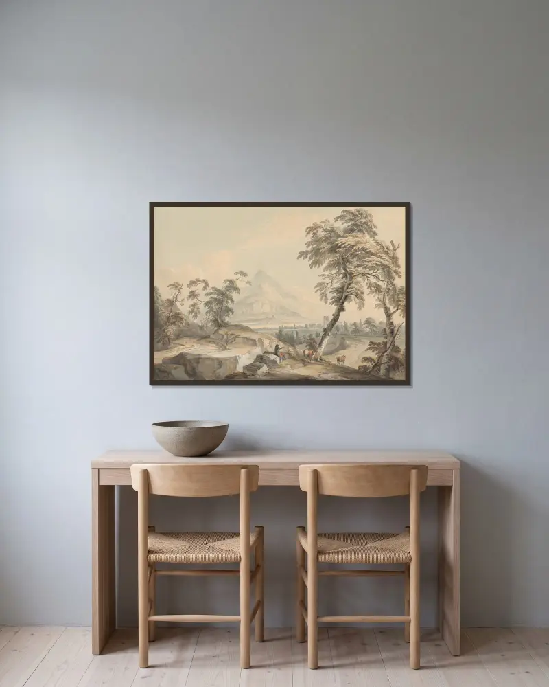 Italienskt landskap med resande, nr 1 av Paul Sandby inramad på en vägg