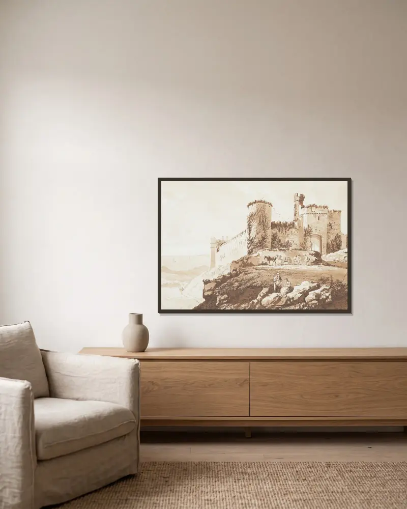 Manorbier Castle i Pembrokeshire av Paul Sandby inramad på en vägg