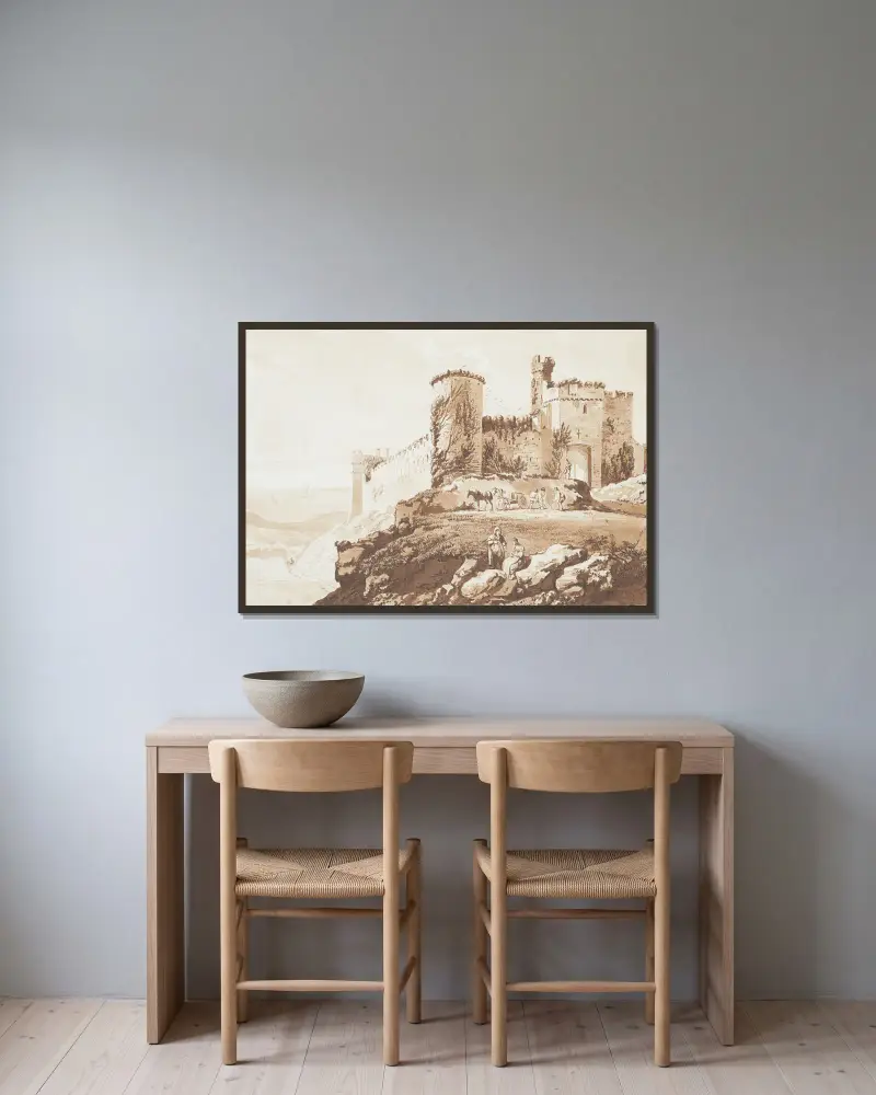 Manorbier Castle i Pembrokeshire av Paul Sandby inramad på en vägg