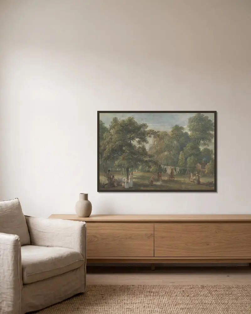 Trädgården vid Thomas Sandbys hus i Englefield Green nära Windsor av Paul Sandby inramad på en vägg