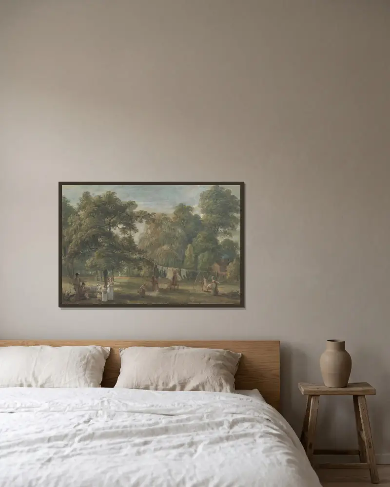 Trädgården vid Thomas Sandbys hus i Englefield Green nära Windsor av Paul Sandby inramad på en vägg