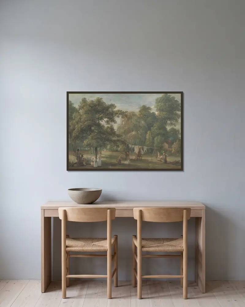 Trädgården vid Thomas Sandbys hus i Englefield Green nära Windsor av Paul Sandby inramad på en vägg