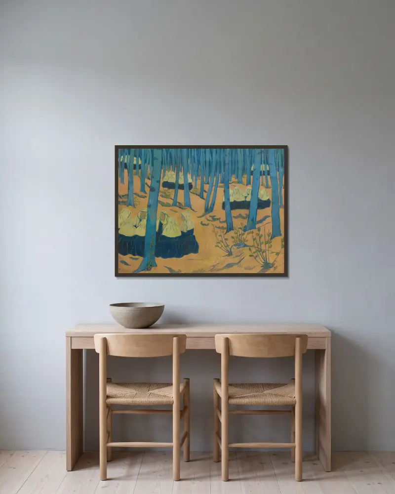 Bretonskor, sammankomst i den heliga skogen av Paul Sérusier inramad på en vägg