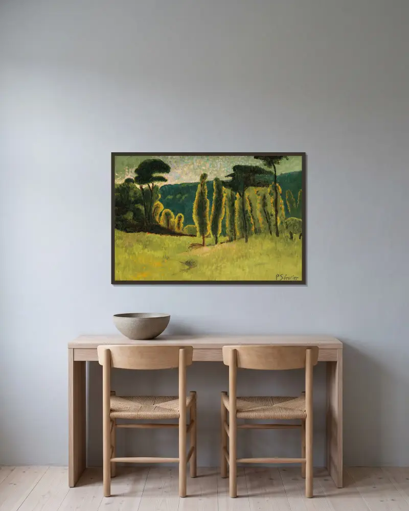 Tallar och popplar på en äng av Paul Sérusier inramad på en vägg