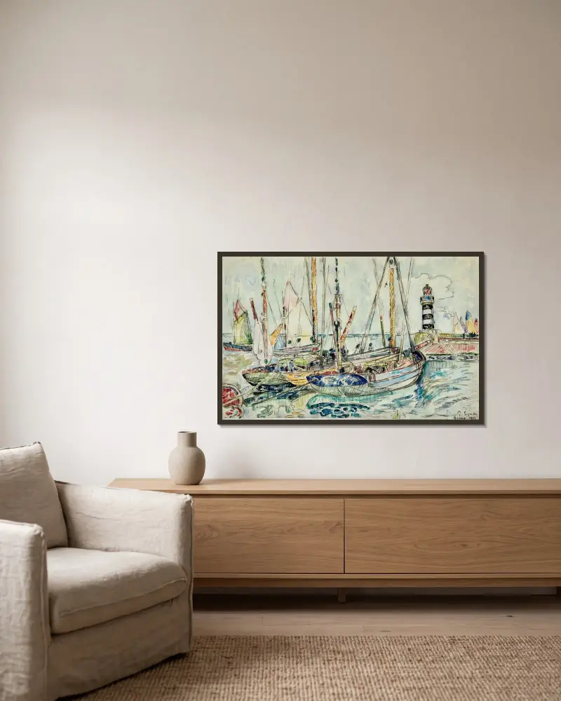 Båtar i hamn, ön Groix av Paul Signac inramad på en vägg