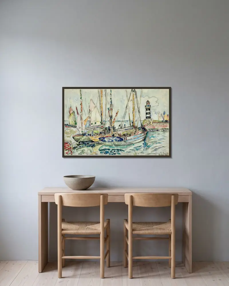 Båtar i hamn, ön Groix av Paul Signac inramad på en vägg