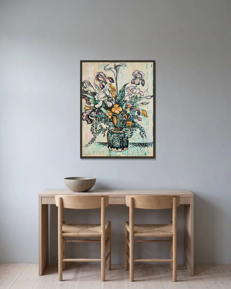 Strauß (Iris, Aronstab, Tulpen) in einer Vase von André Metthey von Paul Signac gerahmt an einer Wand