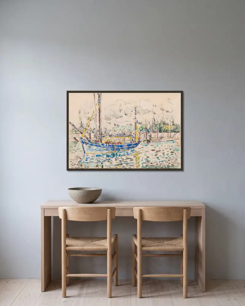Concarneau. Thonier au port av Paul Signac inramad på en vägg