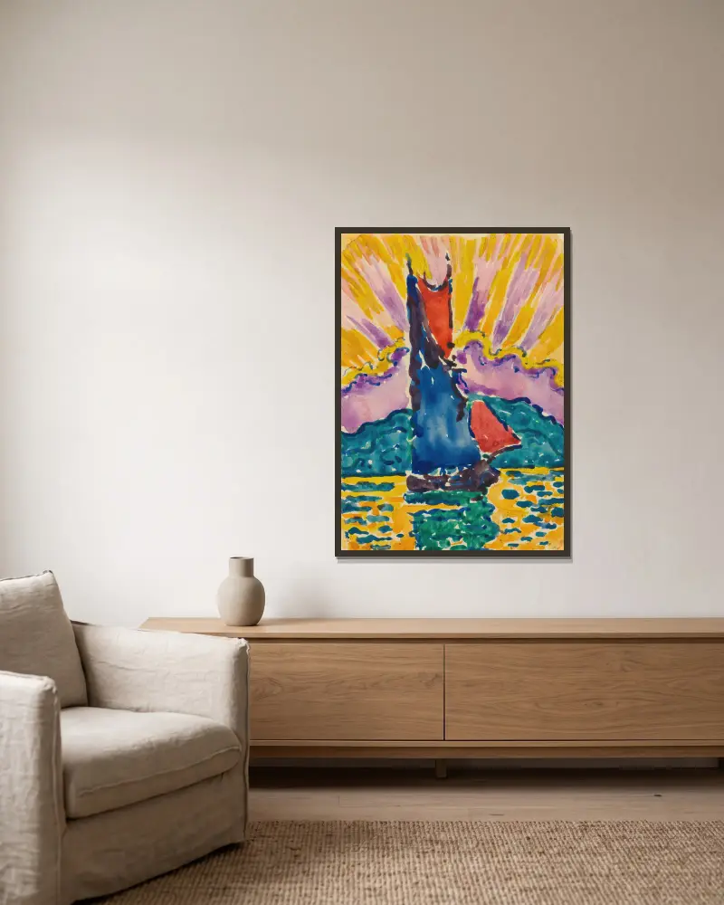 Coucher De Soleil (L’éventail) av Paul Signac inramad på en vägg